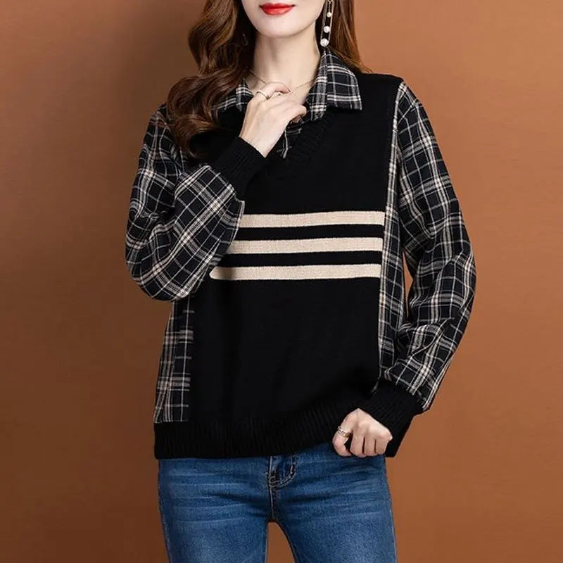 England Plaid Blouse Autumn Winter Fake Two Pieces Knitted Patchwork Women's Clothing Loose Commute Polo-Neck Long Sleeve Shirt women casual