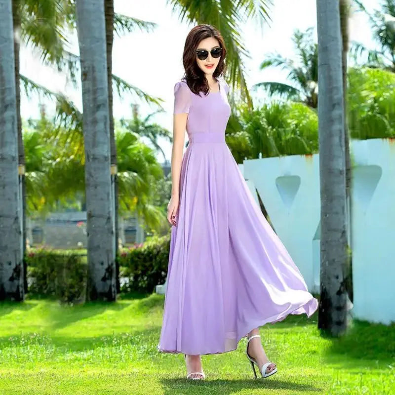 Fashion Solid Color Short Sleeve Noble Slender Long Skirt Popularity O-neck Empire Chiffon Summer women casual - Girl Tops