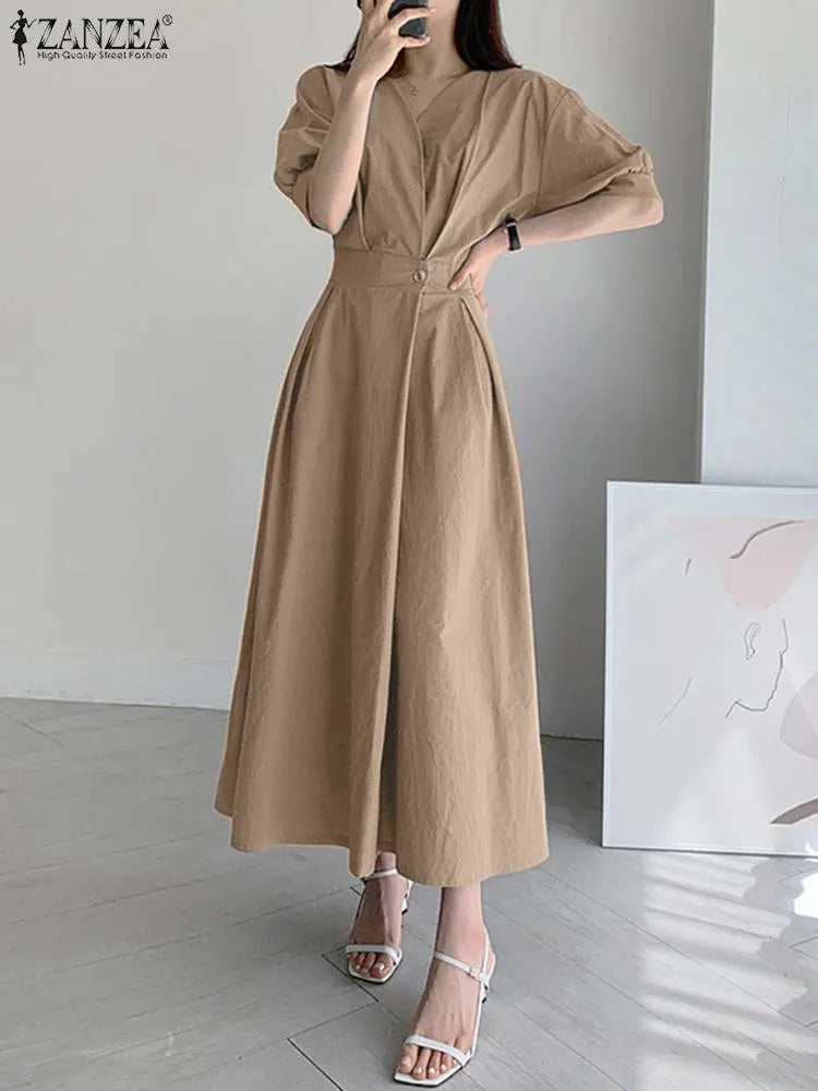 ZANZEA Woman V Neck Solid Dress Pleated Sundress Summer Femme 
 Vestido OL Korean Fashion A Line Dresses Baggy Robe Women Work Dress