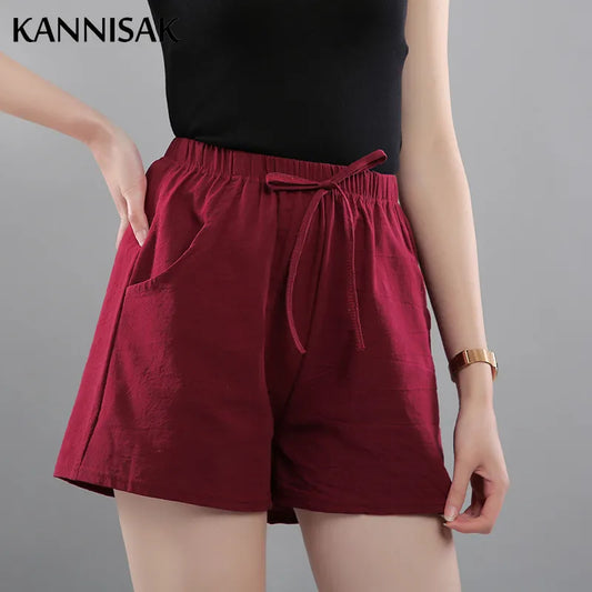 Summer Korean Wide Leg Casual Solid Drawstring Elastic Waist Shorts Girls Cotton Women's Mini Biker women short