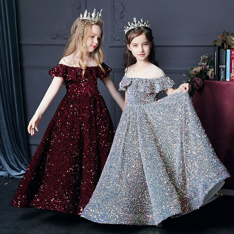 Girl's Western Style Evening Dress Flower Girl Sequined Catwalk Host Piano Performance Princess Dress