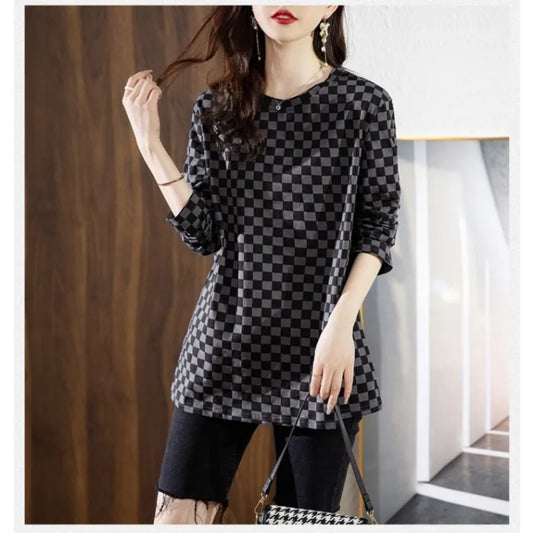 Women's Long-Sleeved T-Shirt Autumn And Winter New Loose Plus-Size Mother Plus Velvet Thickened Warm UnderShirt Plaid Cloth Women Short - Women Dress For Work - Women Tees
