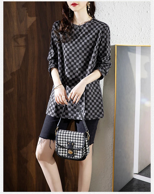 Women's Long-Sleeved T-Shirt Autumn And Winter New Loose Plus-Size Mother Plus Velvet Thickened Warm UnderShirt Plaid Cloth Women Short - Women Dress For Work - Women Tees