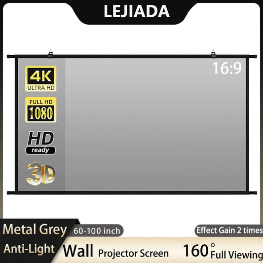 LEJIADA Projector Screen Wall Mounted 60 84 100 inch Metal Grey Anti-Light Reflective Projection Screen for Outdoor Home Theatre - Electronic Accessories Appliances