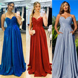 A-Line Spaghetti Straps floor-length Red Satin Dresses Sparkly Sexy Hollow Night Evening Vestidos Women Prom