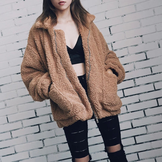 Autumn Winter Faux Fur Coat Women Khaki Casual Warm Soft Zipper Fur Jacket Plush Overcoat Pocket Teddy Coat Women Jacket