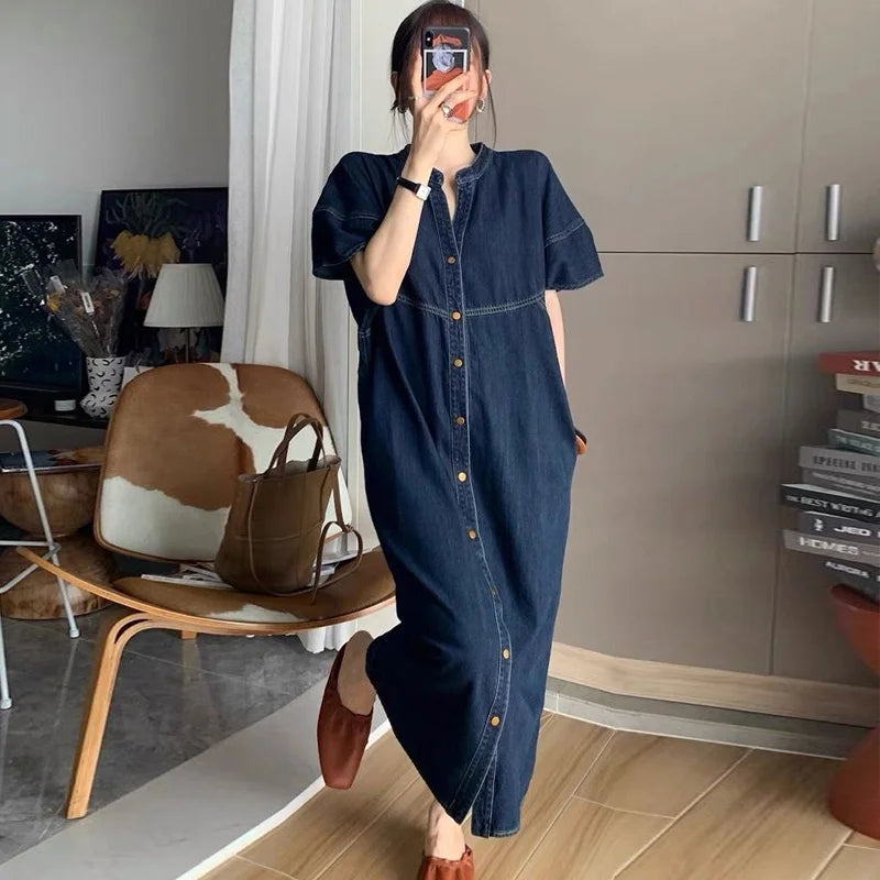 Summer New Dress Fat Girl Personality Drawstring Denim Shirt Artistic Outerwear Plus size Short sleeve Cardigan A-line Skirt Women Dress For Work