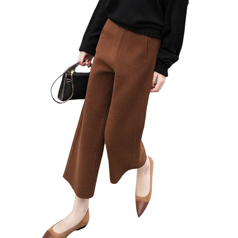 Winter Warm Pant Women's High Waist Trousers Wool Blend Cropped Wide Leg Pants Straight Elegant Korean Cloth Plus Size Women Casual - Women Trousers