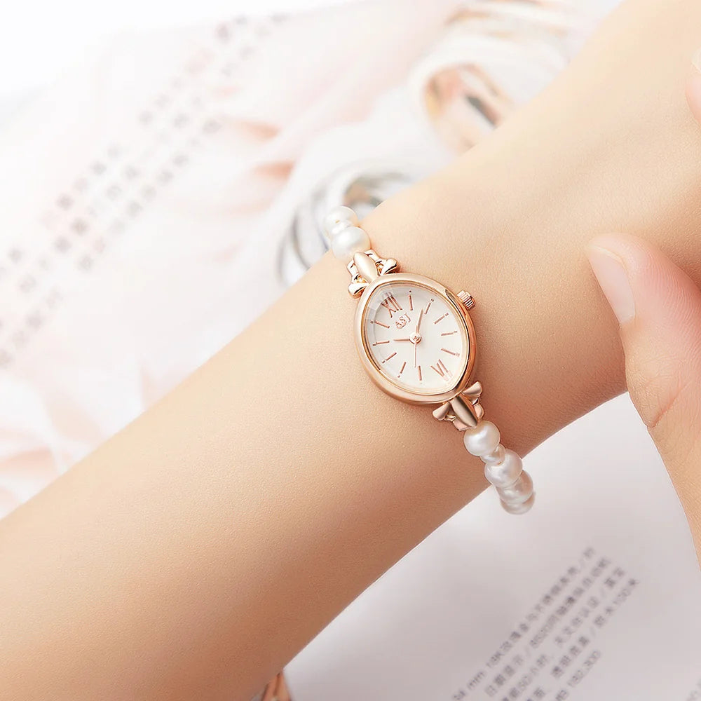 Casual Pointer Quartz Sweet and Elegant & 1pc Natural Freshwater Pearls Bracelet, Gift for women watch