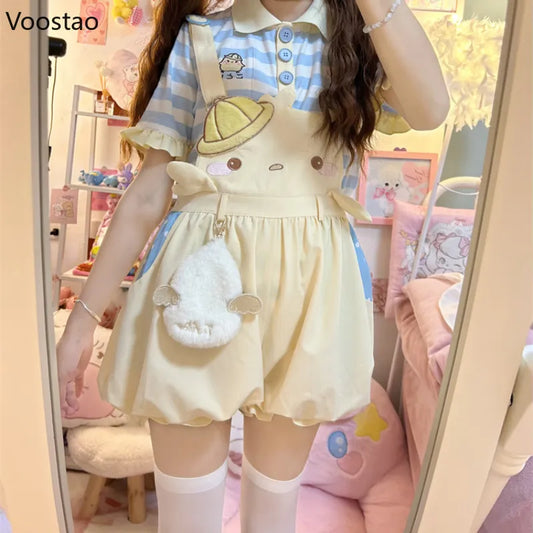 Sweet Lolita Style Women Casual Kawaii Cartoon Embroidery Overalls Pants Japanese Cute Party Bloomers girls short