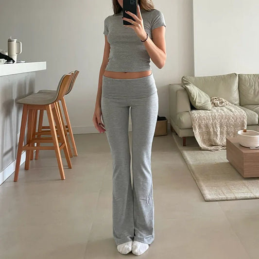 Vintage Matching Suit Women Casual Slim Fit 2 Piece Set Short Sleeve Crop Tops + Pants Y2K Rib Knitted T-shirt Outfits women lounge