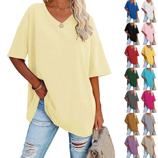 T Shirt V Neck Solid Loose Tshirt drop Sleeves Casual Summer Clothing  women tops