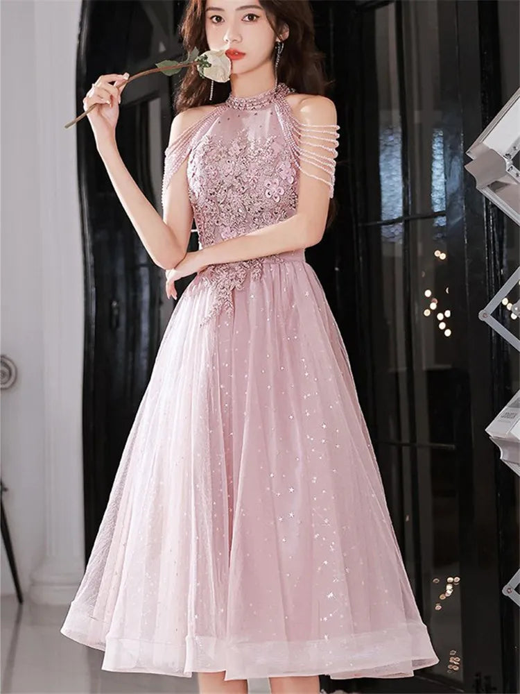 Pink Dress Women's Summer New Hanging Neck Solid Color Lace Beaded Mid-length A-line Skirt Elegant Female Clothing Women Work Dress