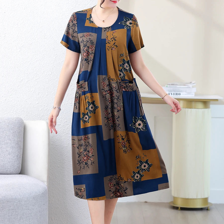 New Casual Fashion Summer Dress For Woman Short Sleeve Mid-Calf Loose Waist O-Neck Robe Femme Plaid Dresses Women Casual - Women Prom