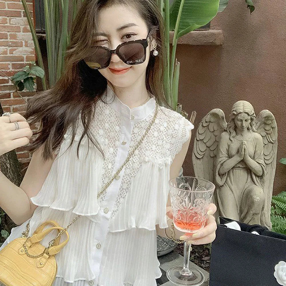 Temperament Round Neck Hollow Lace Sleeveless Shirt Women's Summer New Western Style Design Sense Niche Trend Cardigan Women Tops - Women Prom