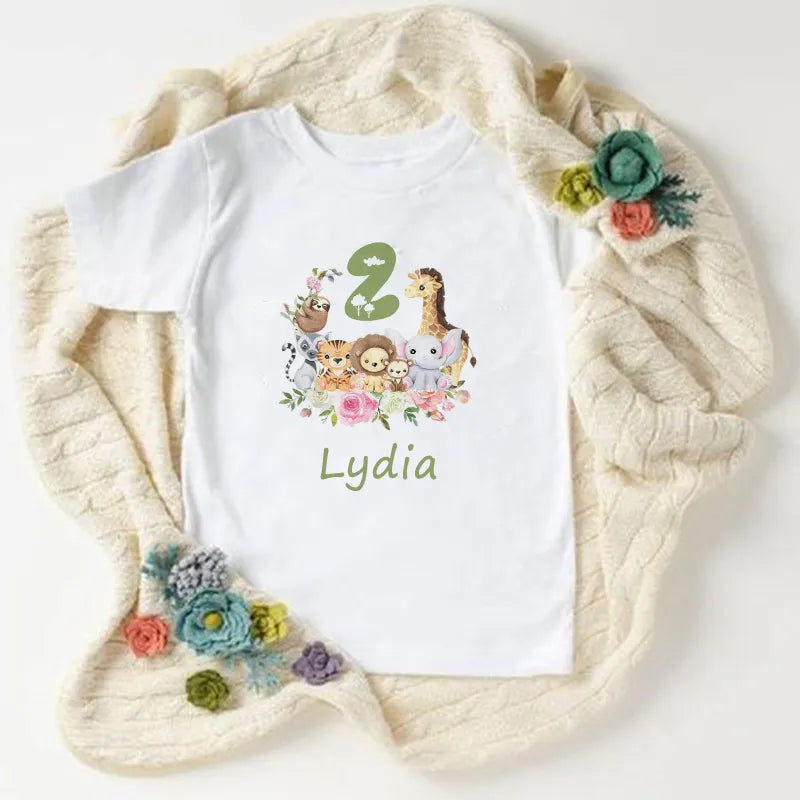 Personalized Birthday Shirt 1-9 Birthday T-Shirt Wild Tee Girls Boys Party T-Shirt Cute Animal with Name Clothes Kids  Girl Tops