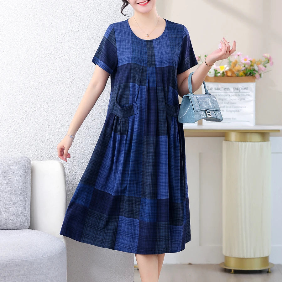 New Casual Fashion Summer Dress For Woman Short Sleeve Mid-Calf Loose Waist O-Neck Robe Femme Plaid Dresses Women Casual - Women Prom