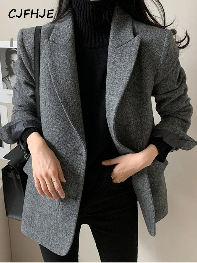 Gray Wool Blazer Women's Autumn Winter Single-Breasted Pockets Office Wear Notched Collar Thick Blazers Elegant Lady Jacket Women Jackets - Women Suiting