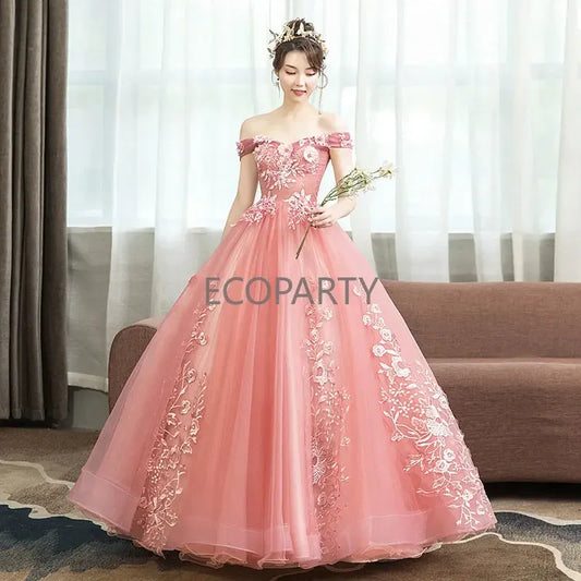 Vestidos Para Fiestas Elegant Pink Lace Embroidery Off-Shoulder Party Prom Ball Gown Evening Quinceanera Dresses for Women prom