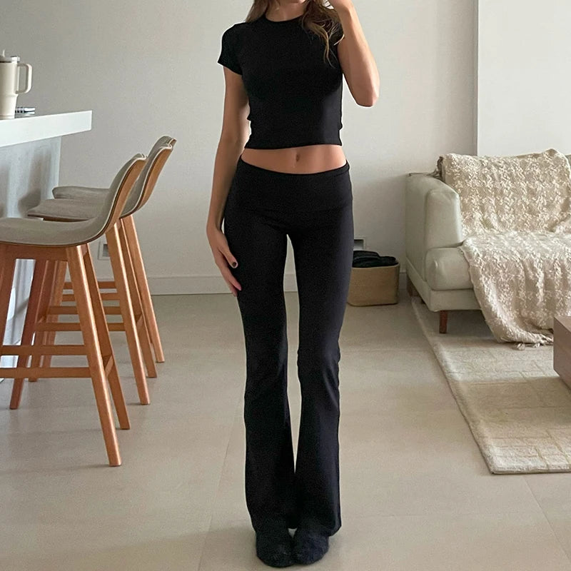 Vintage Matching Suit Women Casual Slim Fit 2 Piece Set Short Sleeve Crop Tops + Pants Y2K Rib Knitted T-shirt Outfits women lounge