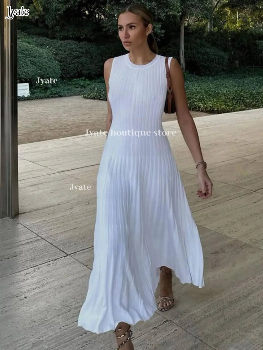 Sleeveless Pleat Knit Dress Round Neck A-line Pit Strip Slim Long Dress Sundress Solid Color Women Summer Dresses Women Casual - Women Prom