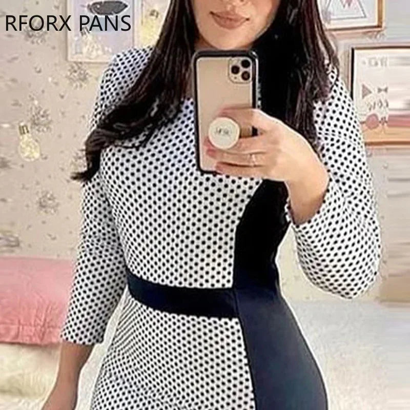 Woman Elegant Chic Polka Dot Patchwork Round Neck Wrist Mermaid Bodycon Midi Women Work Dress