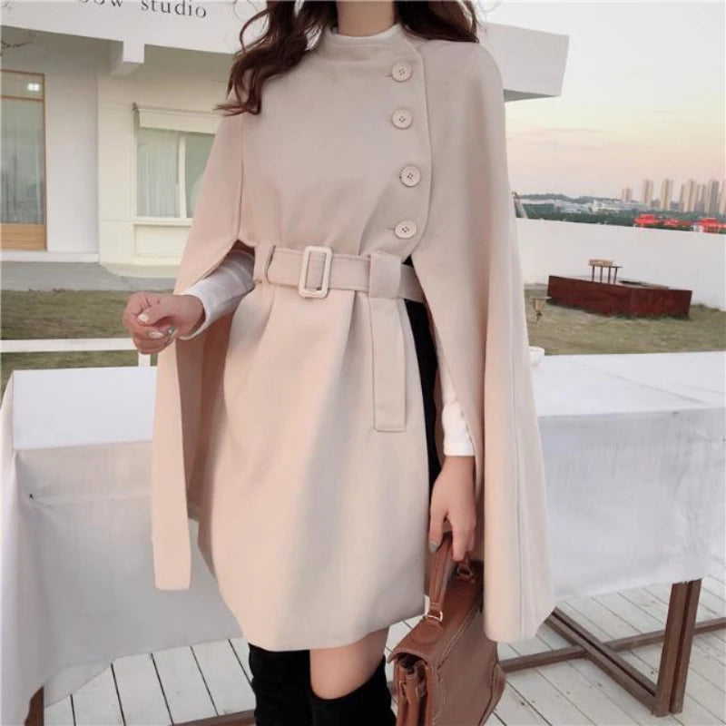 Autumn High-Quality Woolen Cloth Shawl Cape Poncho With Belt Woman Mid-length Korean Sleeveless Plus Size Ladies Cape Coats Women Tops - Women Dress For Work - Women Prom