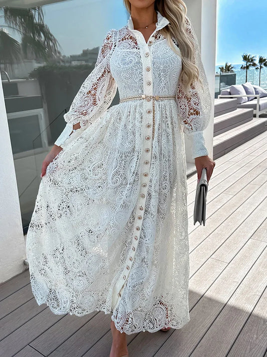 Woman Spring Summer Single-Breasted Maxi Dress Hollow Out Lace Patchwork Fashion Ladies Party Dress Streetwear Dropshipping Women Prom