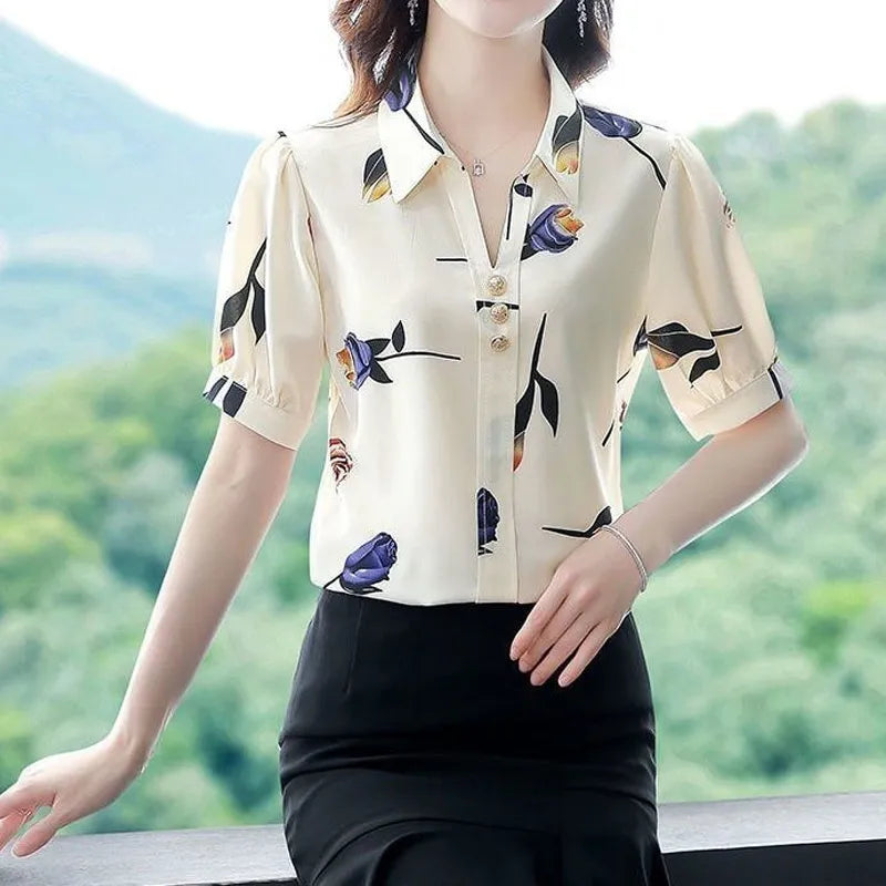 Summer New Chiffon Printing All-match Blouse Polo Neck Short Sleeve Loose Plus Size Shirt Tops Elegant Fashion Women Plus Size Clothing