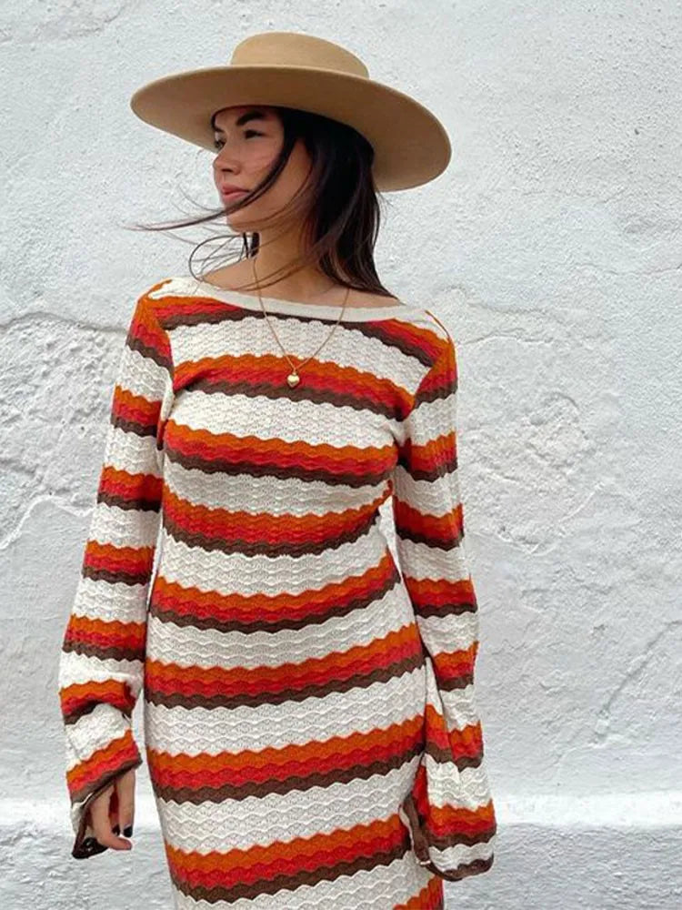 Contrast Striped Knitted Cotton Dresses Woman Fashion O-Neck Long Sleeve Slim Backless Maxi Dress Lady Bodycon Vestidos Women Casual - Women Plus Size Clothing