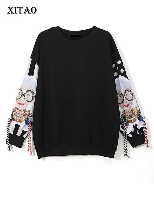 XITAO Black Long Sleeve Sweatshirts Women Patchwork Print Tassel Pullover Harajuku Hoodie Pullover Women Vests New XWW2734