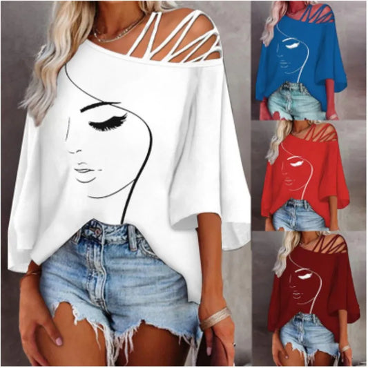 Women's Fashion Summer Print Hollow Out Female Sexy Loose T-shirt S-XXL Women Tops - Women Casual