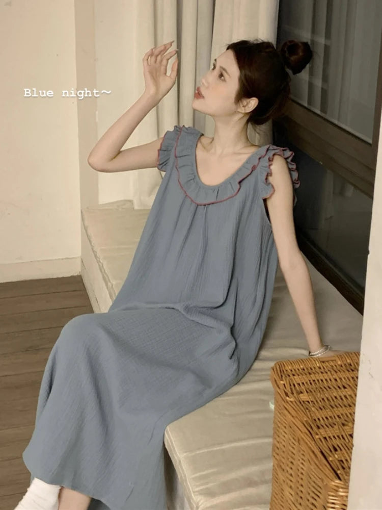 Sleeveless Nightgowns Sweet Ruffles Summer Ankle-length Sleepwear Fashion Korean Style Lounge Elegant Princess All-match women sleep