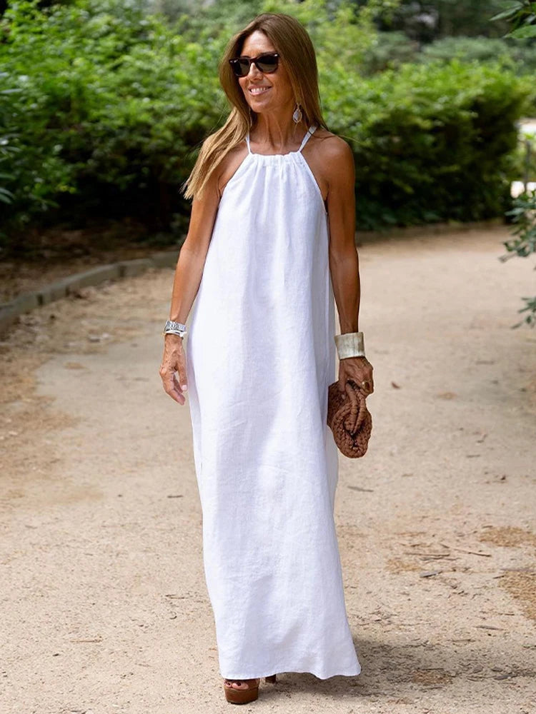 Solid Sleeveless Halter Dress For Woman Summer Cotton And Linen Hanging Neck Backless Slit Casual Holiday Long Dresses Women Prom