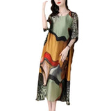 Ladies O Neck Loose New Vintage Printed Silk Midi Dresses Robe Spring Summer Dress Women Elegant Party Vestidos women prom women contemporary