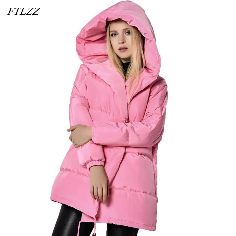 FTLZZ Winter Women Jackets 90% White Duck Down Parkas Loose  Hooded Coats Medium Long Warm Casual Pink Snow Outwear Women Jackets & Vests