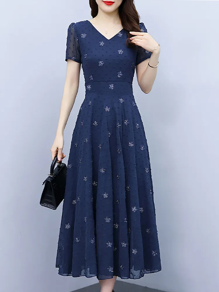 Summer Embroidery Floral Luxury Midi Dress Woman Elegant Chic Night Dresses Vintage Bodycon Formal Party Maxi Vestidos Women Prom