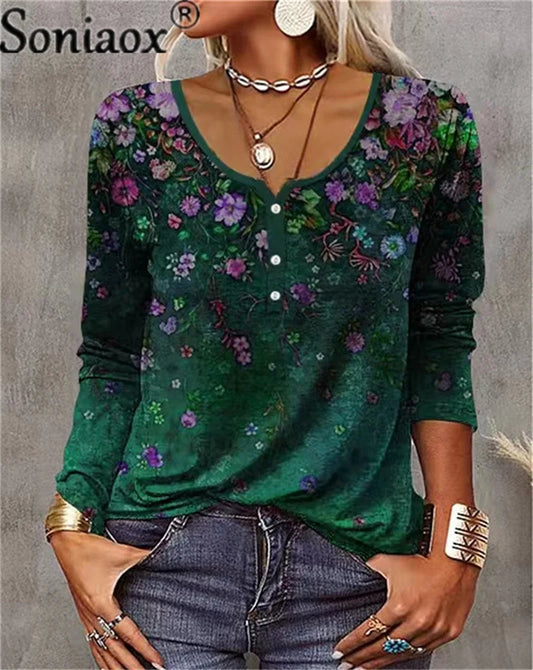 Vintage Flower Mang Button U Collar T-shirt Woman Elegant Pullover Tees Autumn Commuter Loose Splicing Long Sleeves Women Casual - Women Tees