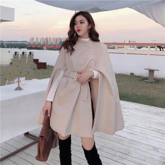 Autumn High-Quality Woolen Cloth Shawl Cape Poncho With Belt Woman Mid-length Korean Sleeveless Plus Size Ladies Cape Coats Women Tops - Women Dress For Work - Women Prom