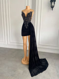 New Arrival Beaded Embroidery Black Velvet Short Dresses With Side Train Women Contemporary
