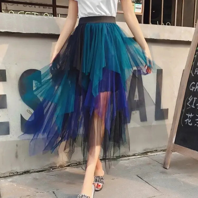 Gradient Color Irregular Tulle Skirt Spring and Summer High Waist Bubble Skirt Long Woman Skirts Mujer Faldas Saias Mulher Women Short