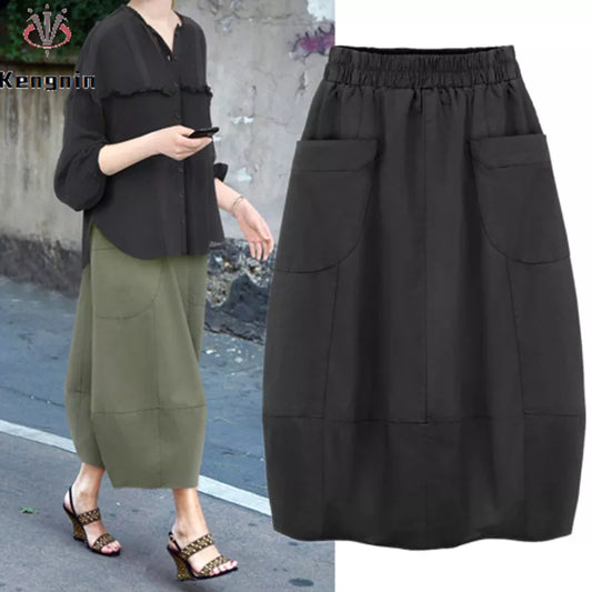 Autumn 4XL Women's Skirt Big Pockets Lady Skirts Elastic Waist Female Bottom Clothing Skirts KN547 Women Plus Size Clothing - Women Casual - Women Plus Size Clothing