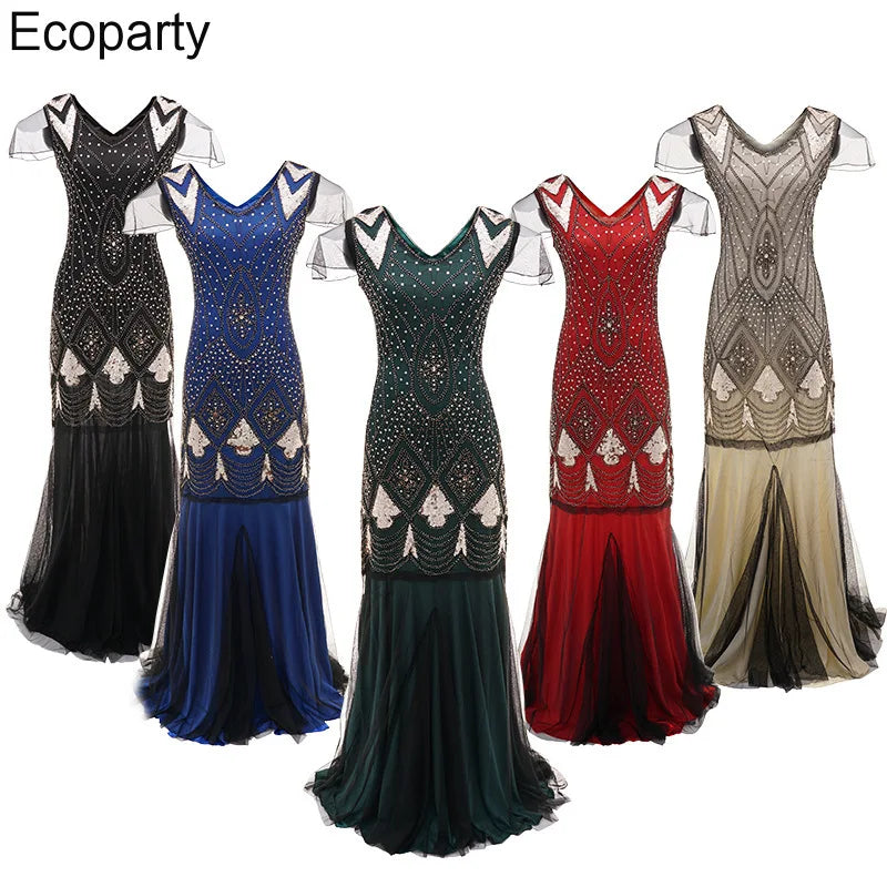 Women Gatsby Dress Vintage V Neck Sequins Beads Maxi Cocktail Party Flapper Dress Mesh Gown Long Elegant Women Prom