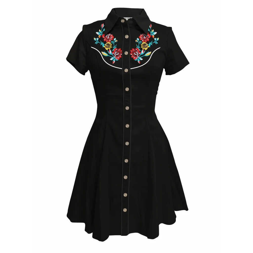 Western Vintage Flower Printed Western Cowboy Dress Women Button-down Dress Short Sleeves 100% Cotton Dress Summer Streetwear