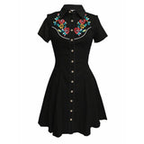 Western Vintage Flower Printed Western Cowboy Dress Women Button-down Dress Short Sleeves 100% Cotton Dress Summer Streetwear