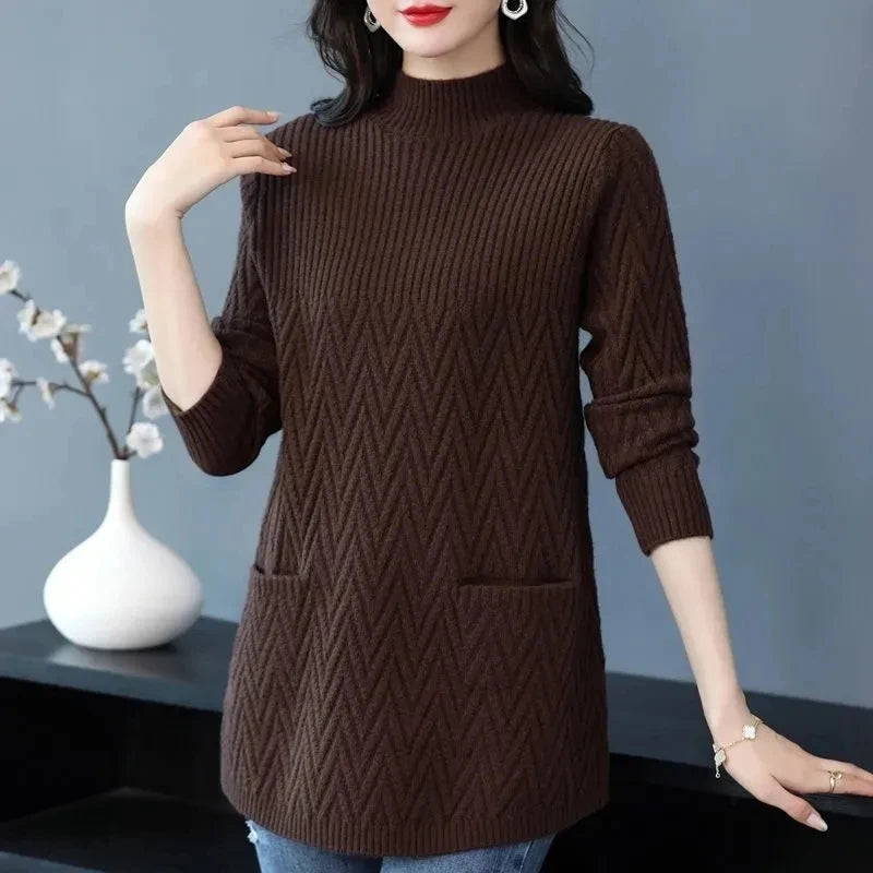 Women's Sweaters Pullover New Solid Half High Collar Thick Warm Long Knitted Sweaters Winter Women Tops & Tees