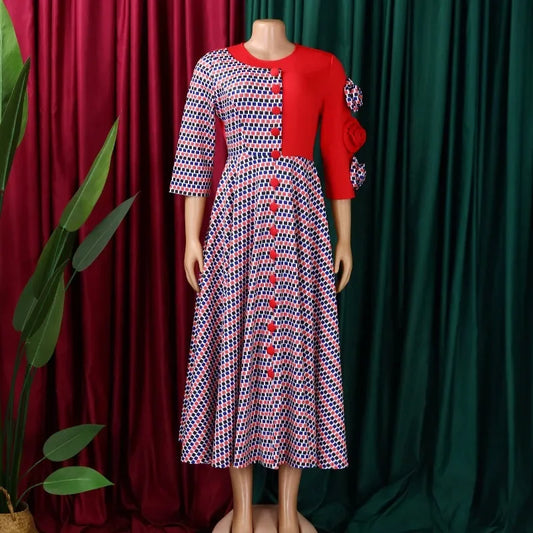 Elegant Dresses for Women O Neck Half Sleeve High Waisted Pleated Mid Calf Fashion Printed Luxury Birthday Party Dinner Dress
