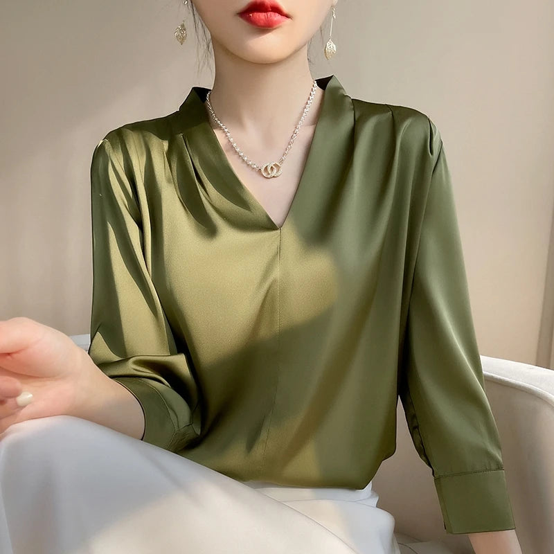 Spring/Summer Women's V-neck Pullover New Silk Shirt Fashion And Temperament Solid Silk Versatile Shirt Women Casual - Women Tops