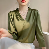 Spring/Summer Women's V-neck Pullover New Silk Shirt Fashion And Temperament Solid Silk Versatile Shirt Women Casual - Women Tops