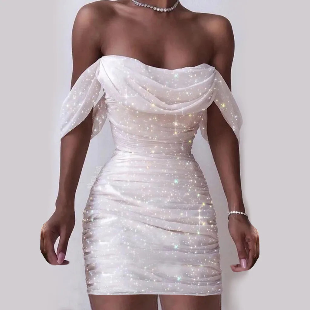 Fall Dresses Sexy Off-Shoulder Ruched Glitter Sparkly Sequin Straight Bodycon Slim White Dress Vintage Women Contemporary - Girl Tops